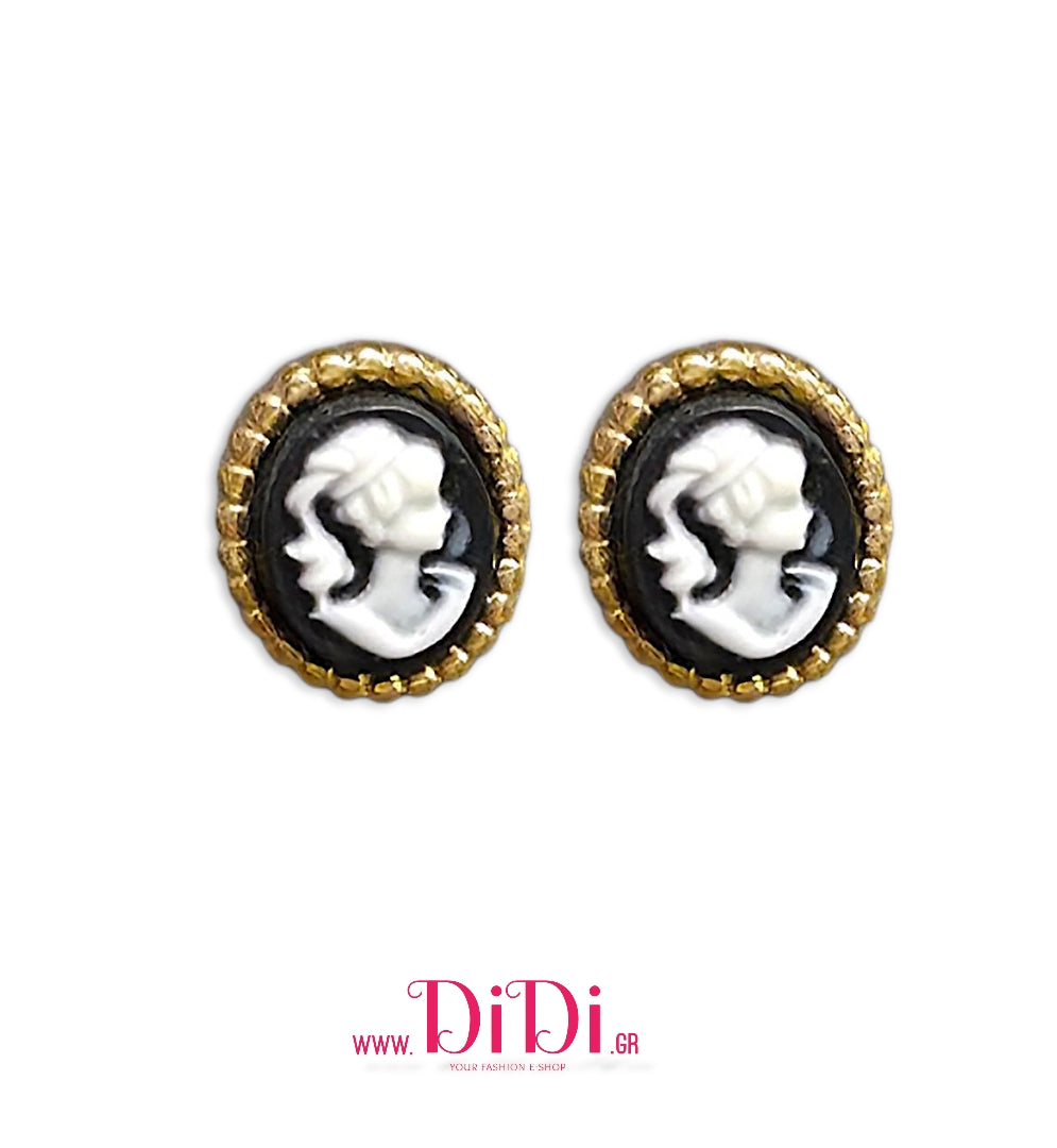 Σκουλαρίκια ατσάλινα καρφάκι, καμέο μαύρο, σε κίτρινο χρυσό, 2710257