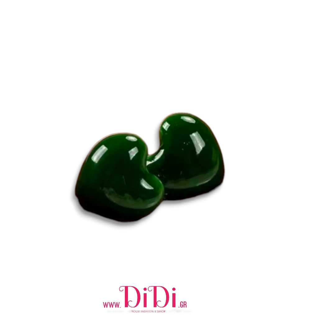 Σκουλαρίκια ατσάλινα καρφάκι, καρδιές ρητίνης & κεραμικό, σκούρο πράσινο, 21112528