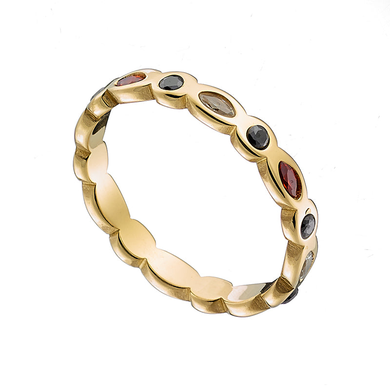 Δαχτυλίδι ατσάλινο με χρωματιστές πέτρες, σε κίτρινο χρυσό, 02473
