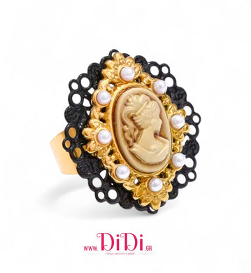 Δαχτυλίδι ατσάλινο καμέο 13mm x 18mm, μαύρο με πέρλες, κίτρινο χρυσό, 2411252