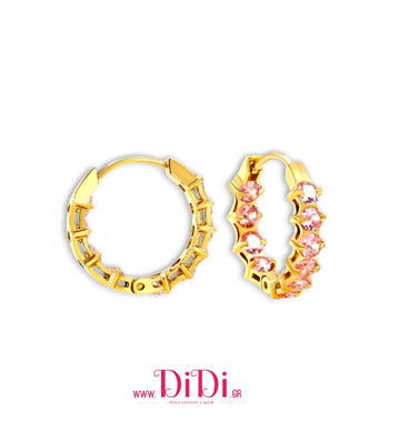 Σκουλαρίκια κρίκοι ατσάλινοι 2cm στρογγυλά με καρφωτά ροζ στρας, κίτρινο χρυσό, 21112514G