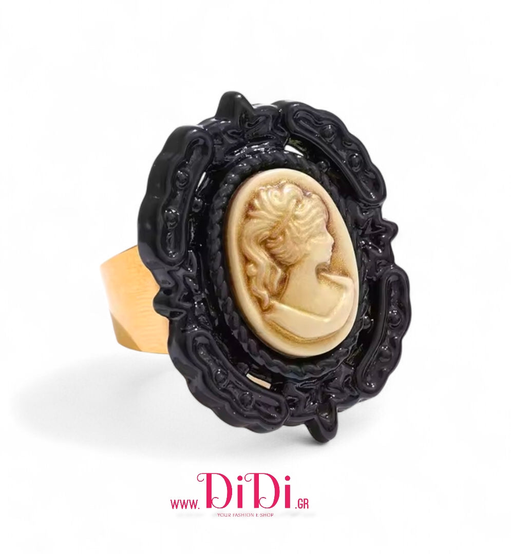 Δαχτυλίδι ατσάλινο καμέο 13mm x 18mm, μαύρο, κίτρινο χρυσό, 2411251