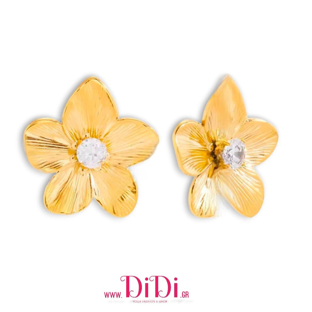 Σκουλαρίκια ατσάλινα καρφάκι λουλούδι με στας, σε κίτρινο χρυσό, 21112512