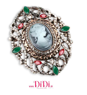 Καρφίτσα Καμέο (Cameo) ρετρό, μπρονζέ με στρας και πράσινες - γκρενά, ακριλικές πέτρες, 2910252