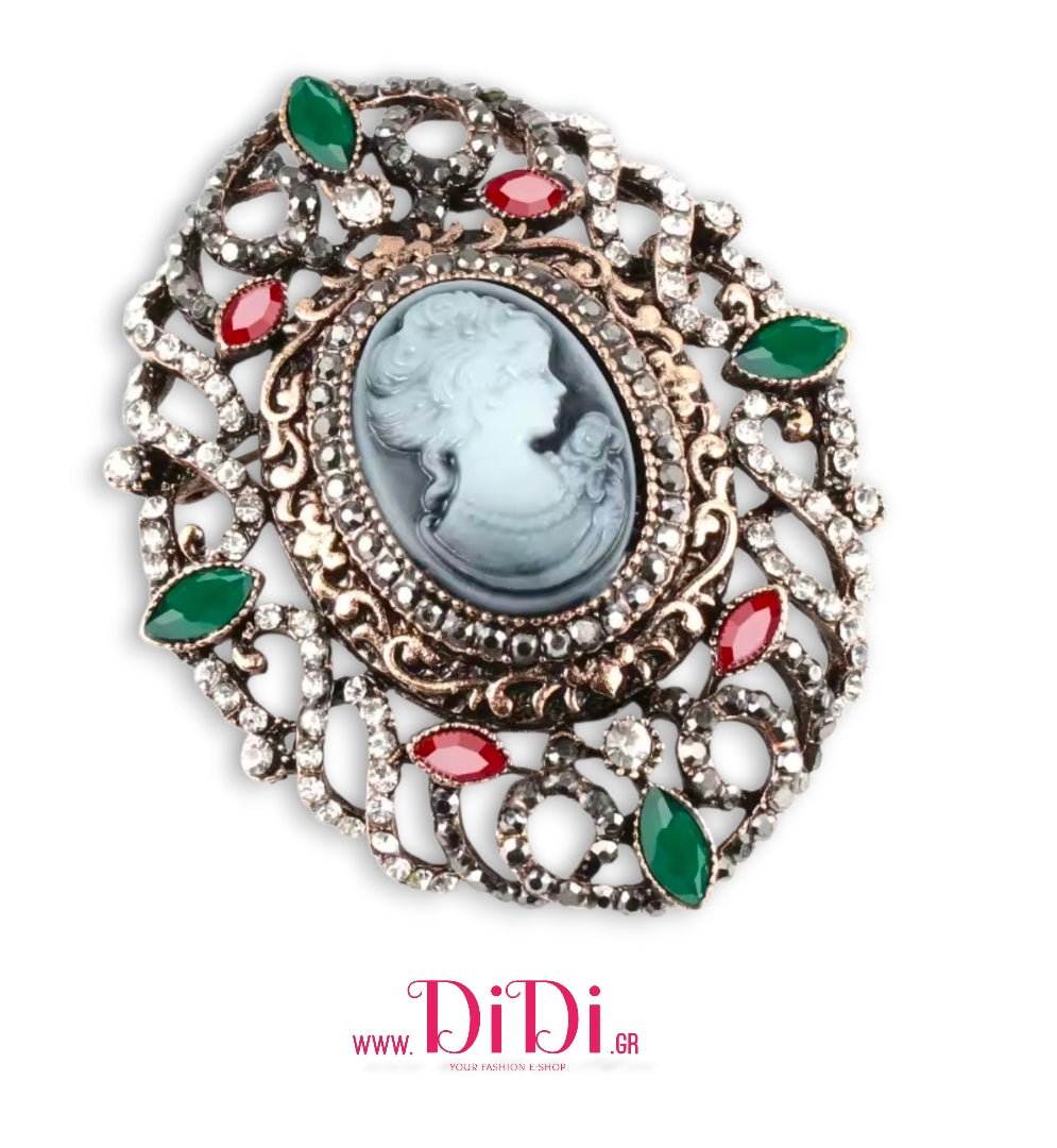 Καρφίτσα Καμέο (Cameo) ρετρό, μπρονζέ με στρας και πράσινες - γκρενά, ακριλικές πέτρες, 2910252