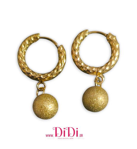 Σκουλαρίκια ατσάλινα κρίκοι με σφυρίλατη πέρλα, κίτρινο χρυσό, 1211251