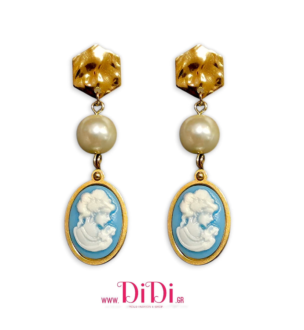 Σκουλαρίκια ατσάλινα καμέο (Cameo) γαλάζιο με γυάλινη πέρλα, 18mm x 13mm, σε κίτρινο χρυσό, 2910254