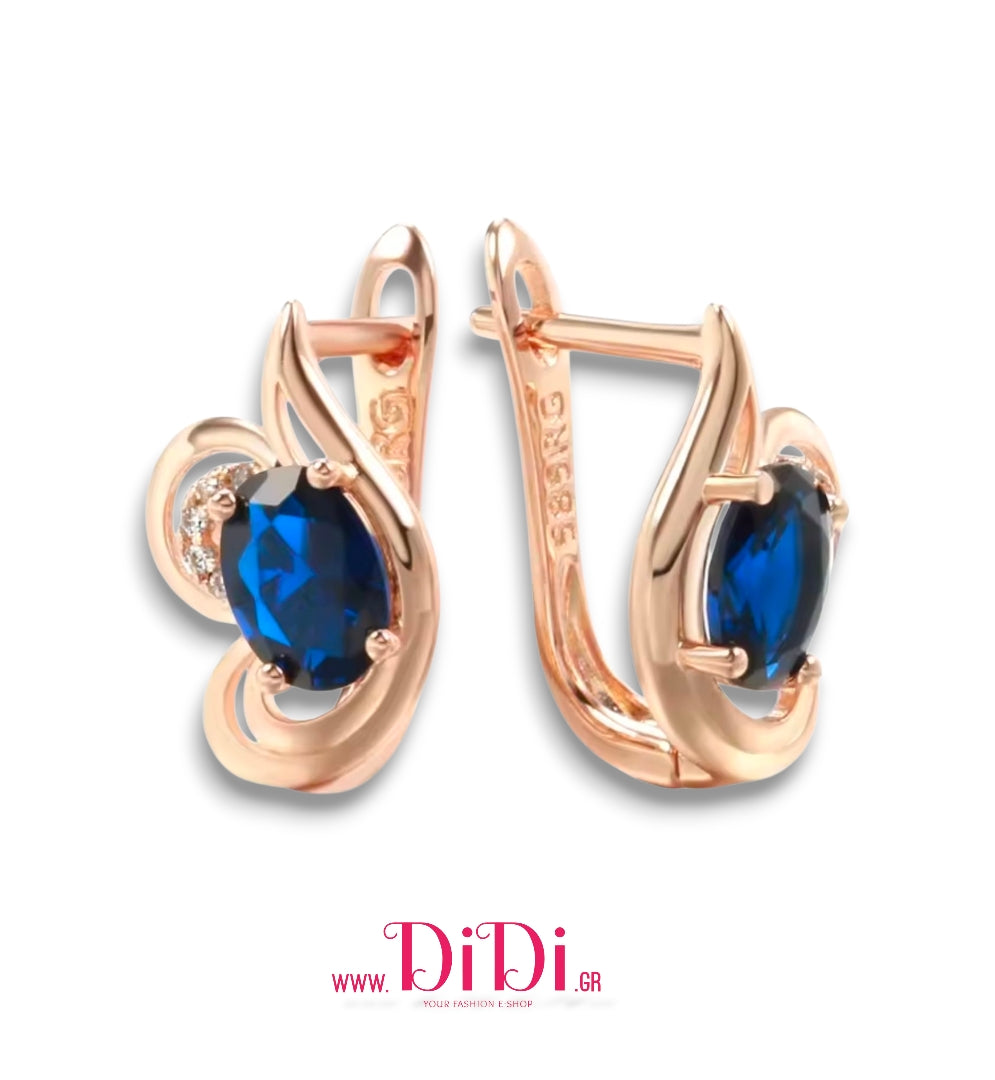 Σκουλαρίκια κρίκος με μπλε πετρα, σε ροζ χρυσό, 2811254