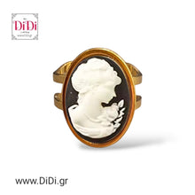 Φόρτωσε την φωτογραφία στο Gallery viewer, Δαχτυλίδι ατσάλινο καμέο 13mm x 18mm, λευκή φιγούρα, κίτρινο χρυσό, 0502261G