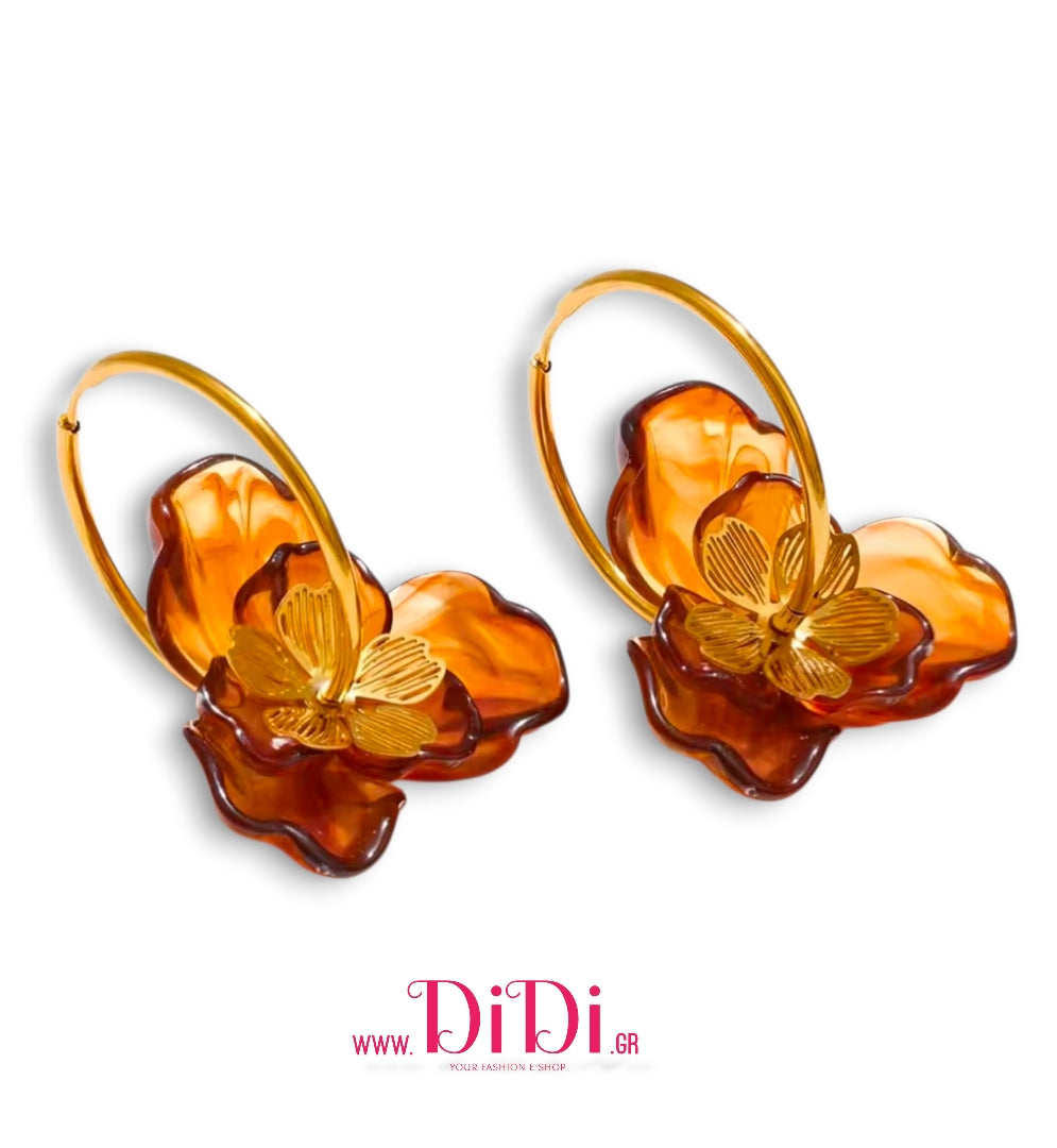 Σκουλαρίκια κρίκοι, με ακριλικά λουλούδια, καφέ, 0411251