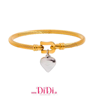 Ατσάλινο βραχιόλι σταθερή βέργα οβάλ με καρδιά, σε κίτρινο χρυσό, 20102517