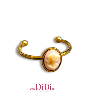 Δαχτυλίδι ατσάλινο καμέο micro 6mm x 8mm, ροζ με λευκό γυναικείο πρόσωπο, κίτρινο χρυσό, 0611259