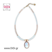 Φόρτωσε την φωτογραφία στο Gallery viewer, Κολιέ ατσάλινο με γυάλινες πέρλες &amp; κρύσταλλα, στοιχείο ατσάλινο με ροζ καμέο 1,8cm x 2,5cm, σε κίτρινο χρυσό, 1410253