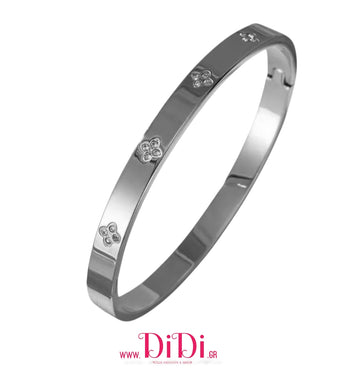 Ατσάλινο βραχιόλι σταθερή βέργα οβάλ, με λουλούδια & στρας, σε ασημί, 18102511S