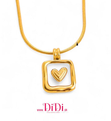 Ατσάλινο κολιέ 316L καρδιά σε τετράγωνο πλαίσιο με φίλντισι, σε κίτρινο χρυσό, 1302255