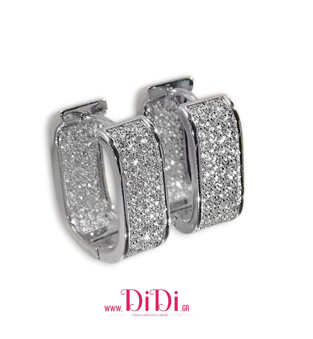 Σκουλαρίκια κρίκοι ατσάλινοι 1,6cm οβάλ με καρφωτά λευκά στρας, ασημί, 2910258S