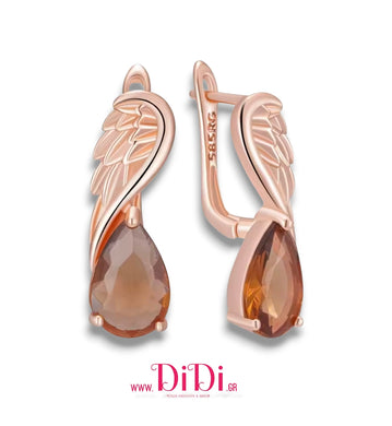 Σκουλαρίκια κρίκος με καφέ πετρα, σε ροζ χρυσό, 2811257