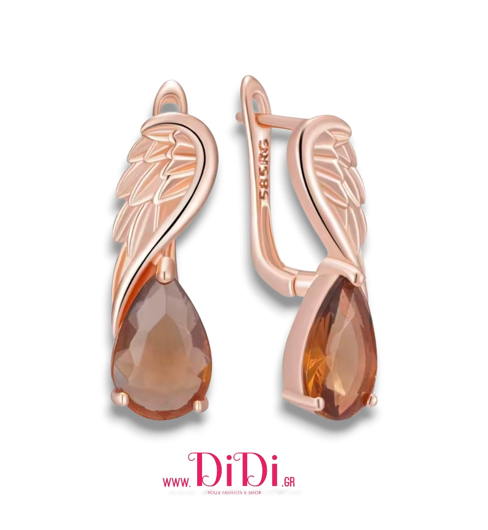 Σκουλαρίκια κρίκος με καφέ πετρα, σε ροζ χρυσό, 2811257