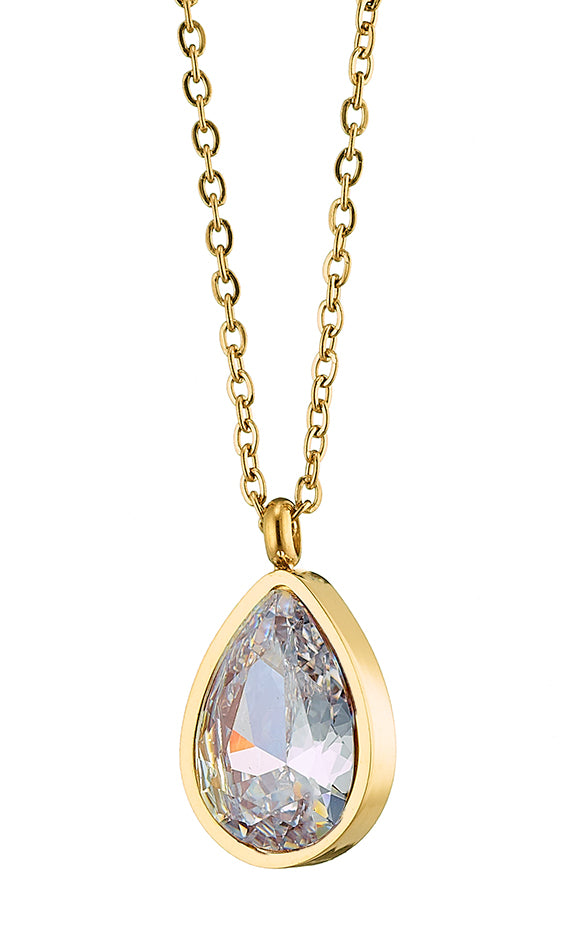 Κολιε ατσάλινο δάκρυ, λευκό ζιργκόν, σε κίτρινο χρυσό, 0611253G