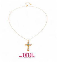 Φόρτωσε την φωτογραφία στο Gallery viewer, Κολιέ σταυρός ατσάλινος, με μπλε &amp; λευκές πέτρες, σε κίτρινο χρυσό, 06032610