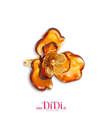 Ατσάλινο δαχτυλίδι με σχέδιο λουλούδι ακριλικό, καφέ, σε κίτρινο χρυσό, 0411255