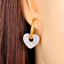 Φόρτωσε την φωτογραφία στο Gallery viewer, Σκουλαρίκια κρίκοι ατσάλινοι  καρδιές με λευκή πέτρα, σε κίτρινο χρυσό, 0403263W
