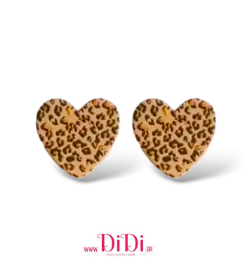 Σκουλαρίκια καρφάκι, καρδιές ακριλικές, σχέδιο καφέ λεοπάρ, 30102513