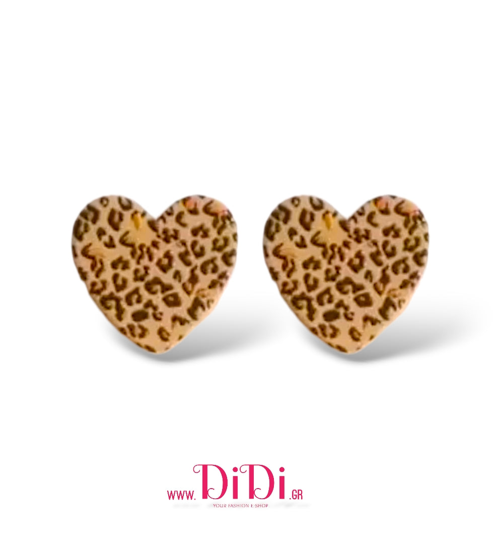 Σκουλαρίκια καρφάκι, καρδιές ακριλικές, σχέδιο καφέ λεοπάρ, 30102513