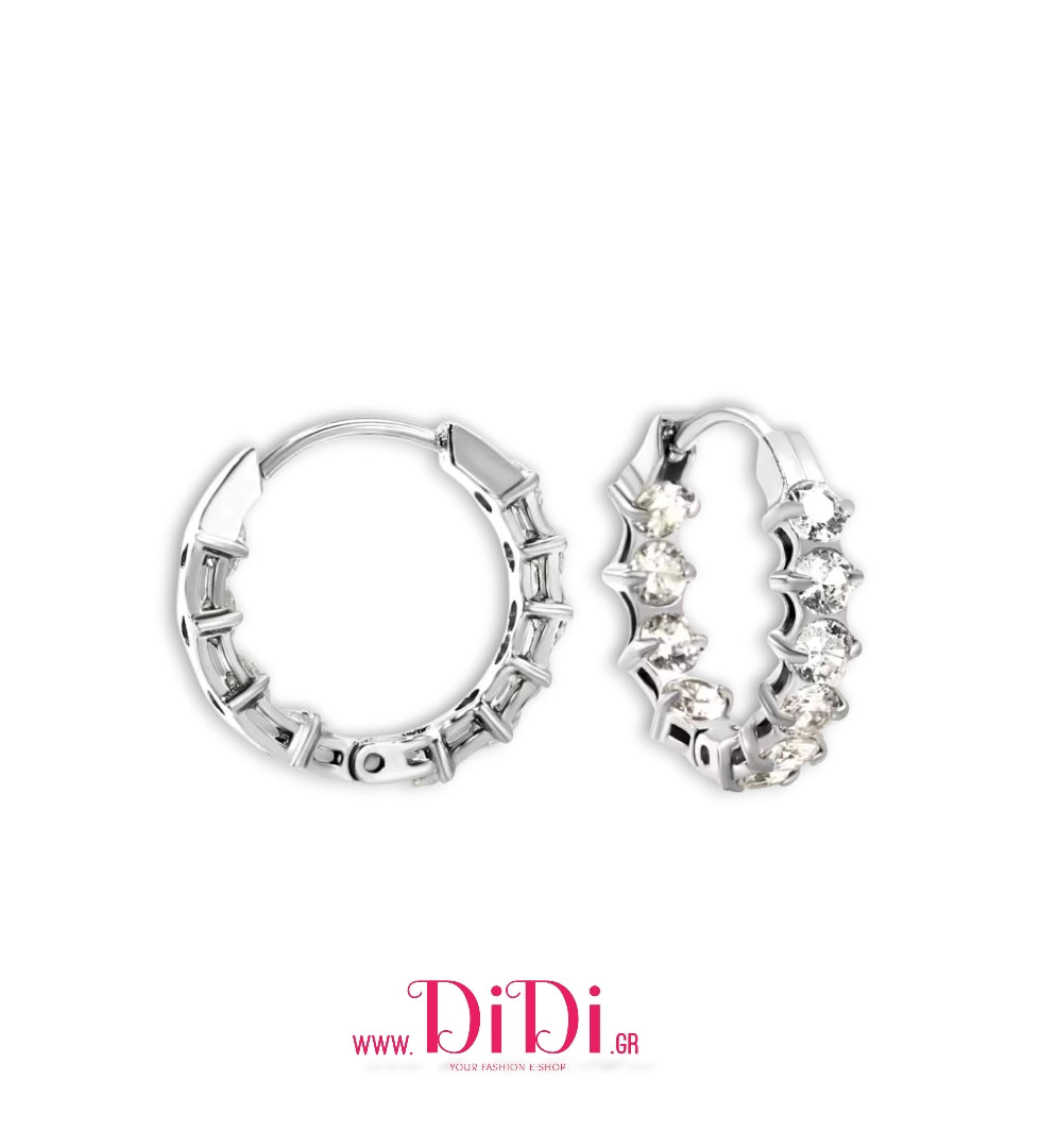 Σκουλαρίκια κρίκοι ατσάλινοι 2cm στρογγυλά με καρφωτά λευκά στρας, ασημί, 21112514S