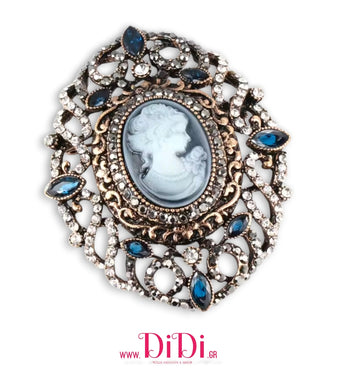 Καρφίτσα Καμέο (Cameo) ρετρό, μπρονζέ με στρας και μπλε, ακριλικές πέτρες, 2910251