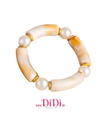 Βραχιόλι ακριλικές χάντρες εκρού-χρυσό, δίχρωμο, 20102516