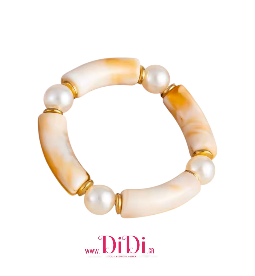 Βραχιόλι ακριλικές χάντρες εκρού-χρυσό, δίχρωμο, 20102516