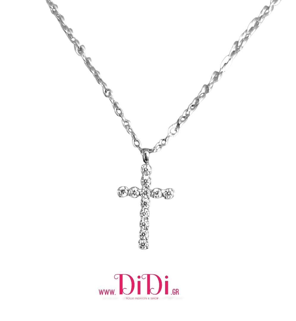 Κολιέ σταυρός ατσάλινος με ζιργκόν, σε ασημί, 1011253S