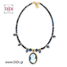 Φόρτωσε την φωτογραφία στο Gallery viewer, Κολιέ ατσάλινο με γυάλινες πέρλες &amp; κρύσταλλα, στοιχείο ατσάλινο με μαύρο καμέο 1,8cm x 2,5cm, σε κίτρινο χρυσό, 1910254