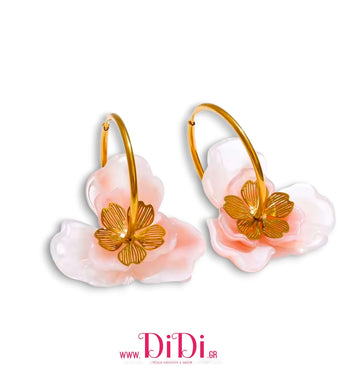 Σκουλαρίκια κρίκοι, με ακριλικά λουλούδια, ροζ, 0411253