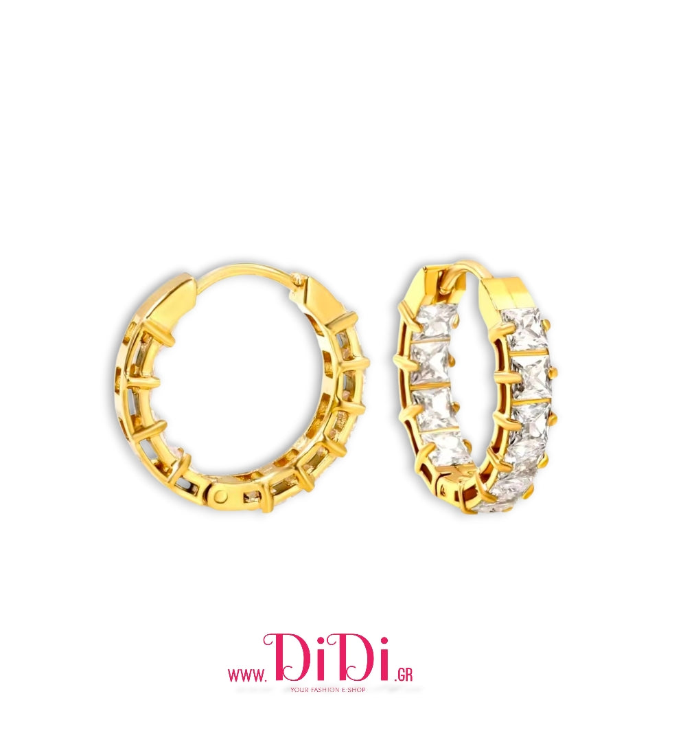 Σκουλαρίκια κρίκοι ατσάλινοι 2cm στρογγυλά με καρφωτά λευκά στρας, κίτρινο χρυσό, 21112513G