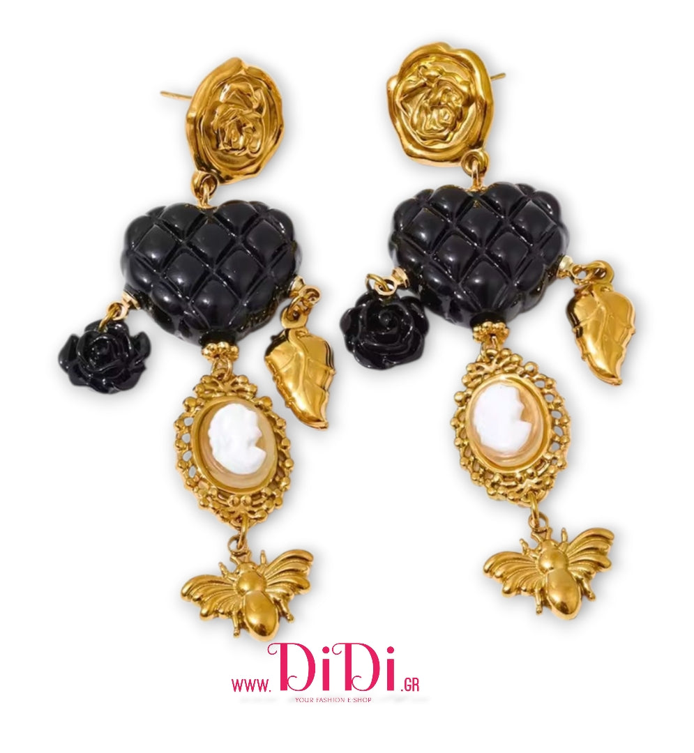 Σκουλαρίκια ατσάλινα καμέο (Cameo) μαύρο, κίτρινο χρυσό, 2111259