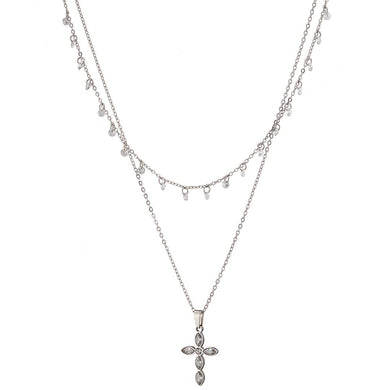 Κολιέ διπλό με σταυρό ατσάλινο &  ζιργκόν, σε ασημί, 07209S