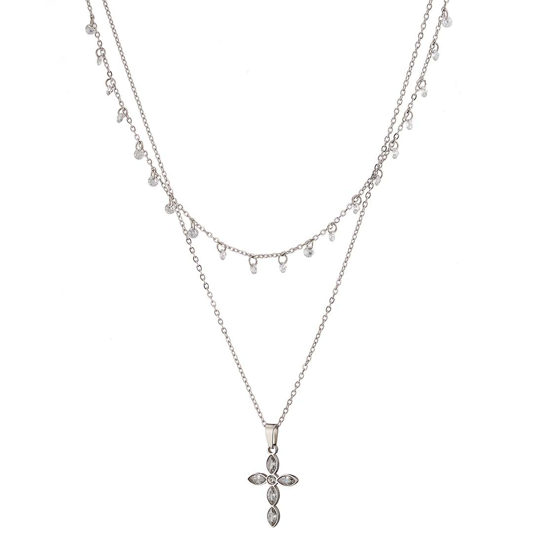 Κολιέ διπλό με σταυρό ατσάλινο &  ζιργκόν, σε ασημί, 07209S