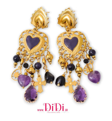 Σκουλαρίκια ατσάλινα καμέο (Cameo) μοβ, κίτρινο χρυσό, 21112511