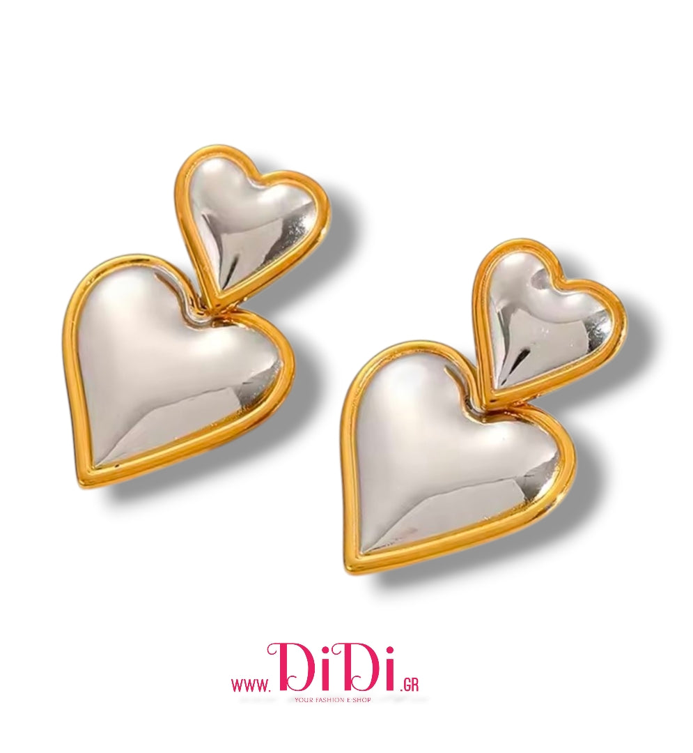 Ατσάλινα σκουλαρίκια καρδιές καρφάκι, δίχρωμο ασημί - κίτρινο χρυσό, 0512254