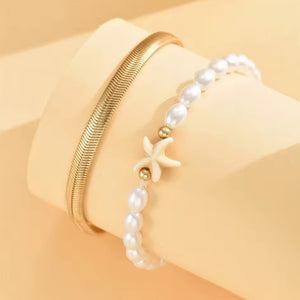 Βραχιόλι ποδιού zinc alloy (ψευδάργυρος), με ακριλικές πέρλες σετ των 2, σε κίτρινο χρυσό, 2406251