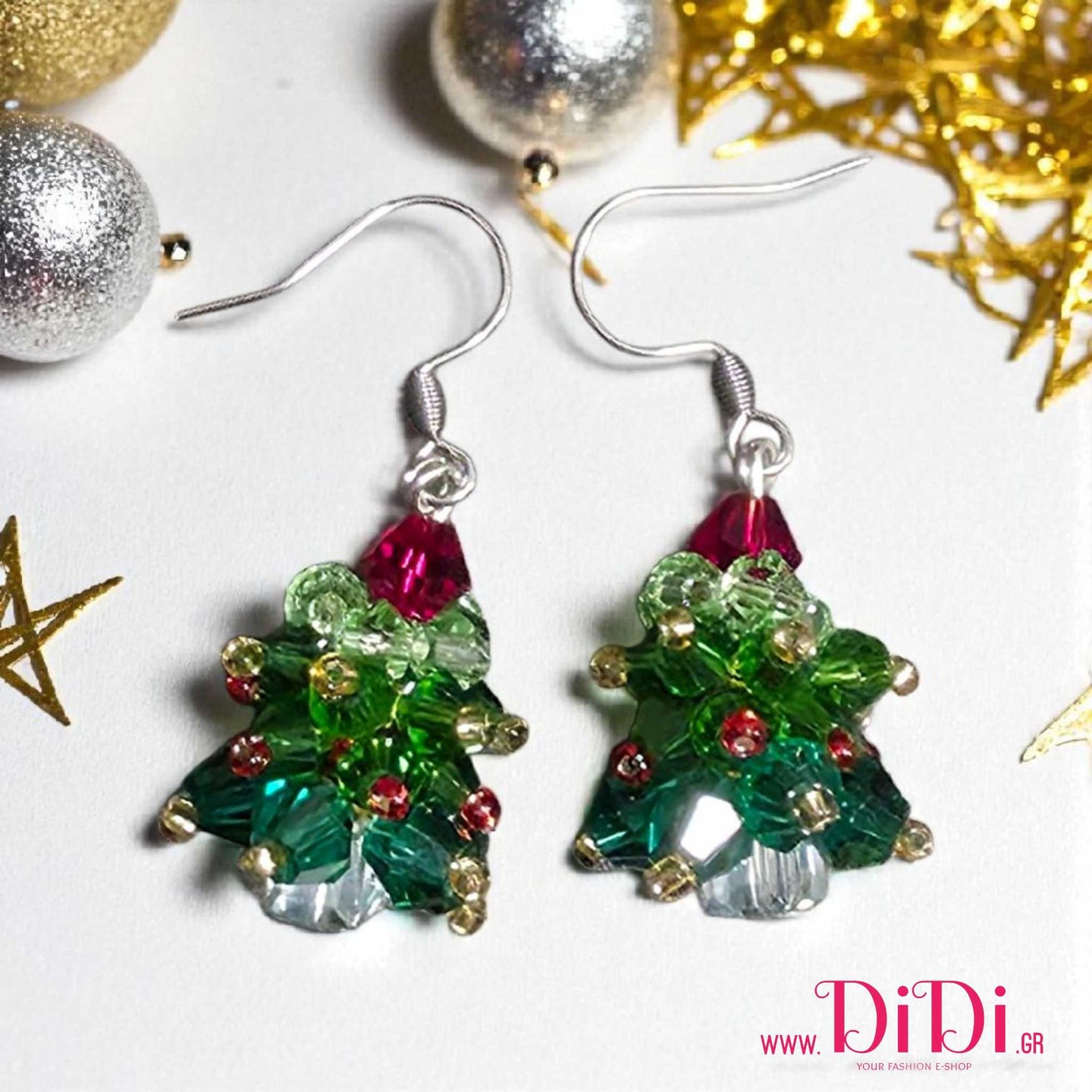 Χριστουγεννιάτικα σκουλαρίκια δεντράκια απο κρύσταλλο, ασημί, 0110258