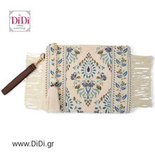Φόρτωσε την φωτογραφία στο Gallery viewer, Φάκελος boho με κροσια και φούντα, μπλε - λαδί, 05062515