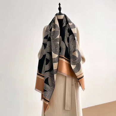 Πασμίνα διπλής όψης γεωμετρικό σχέδιο, μαύρο - καφέ, 0212254