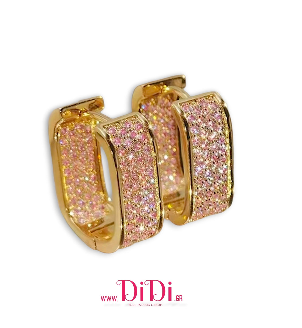 Σκουλαρίκια κρίκοι ατσάλινοι 1,6cm οβάλ με καρφωτά ροζ στρας, κίτρινο χρυσό, 2910258GR