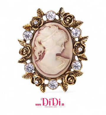 Καρφίτσα Καμέο (Cameo) ρετρό, μπρονζέ με λευκές πέτρες, 2411257