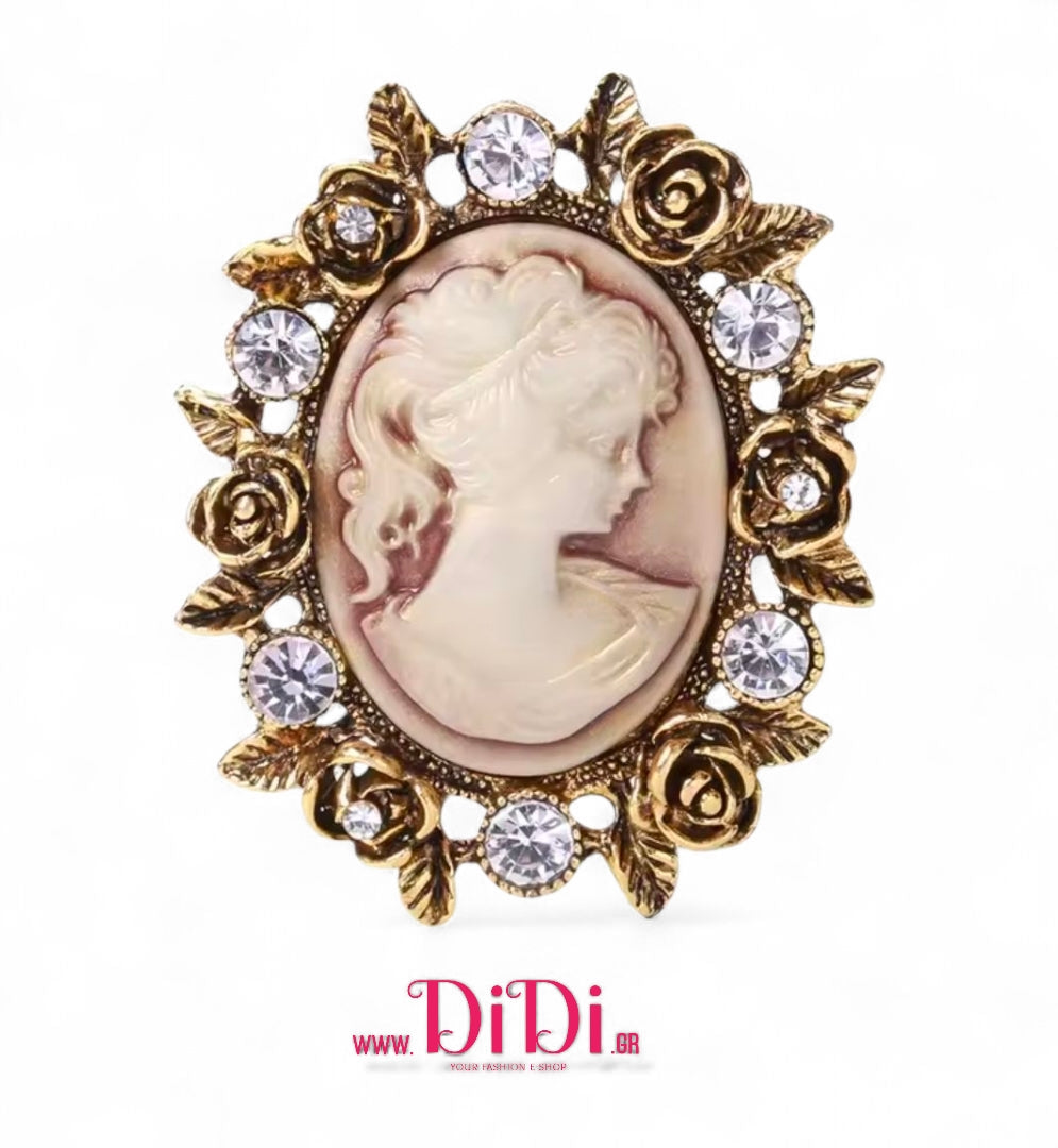 Καρφίτσα Καμέο (Cameo) ρετρό, μπρονζέ με λευκές πέτρες, 2411257