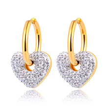 Φόρτωσε την φωτογραφία στο Gallery viewer, Σκουλαρίκια κρίκοι ατσάλινοι  καρδιές με λευκή πέτρα, σε κίτρινο χρυσό, 0403263W