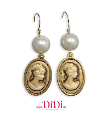 Σκουλαρίκια ατσάλινα καμέο (Cameo) καφέ με γυάλινη πέρλα, 18mm x 13mm σε κίτρινο χρυσό, 2910255